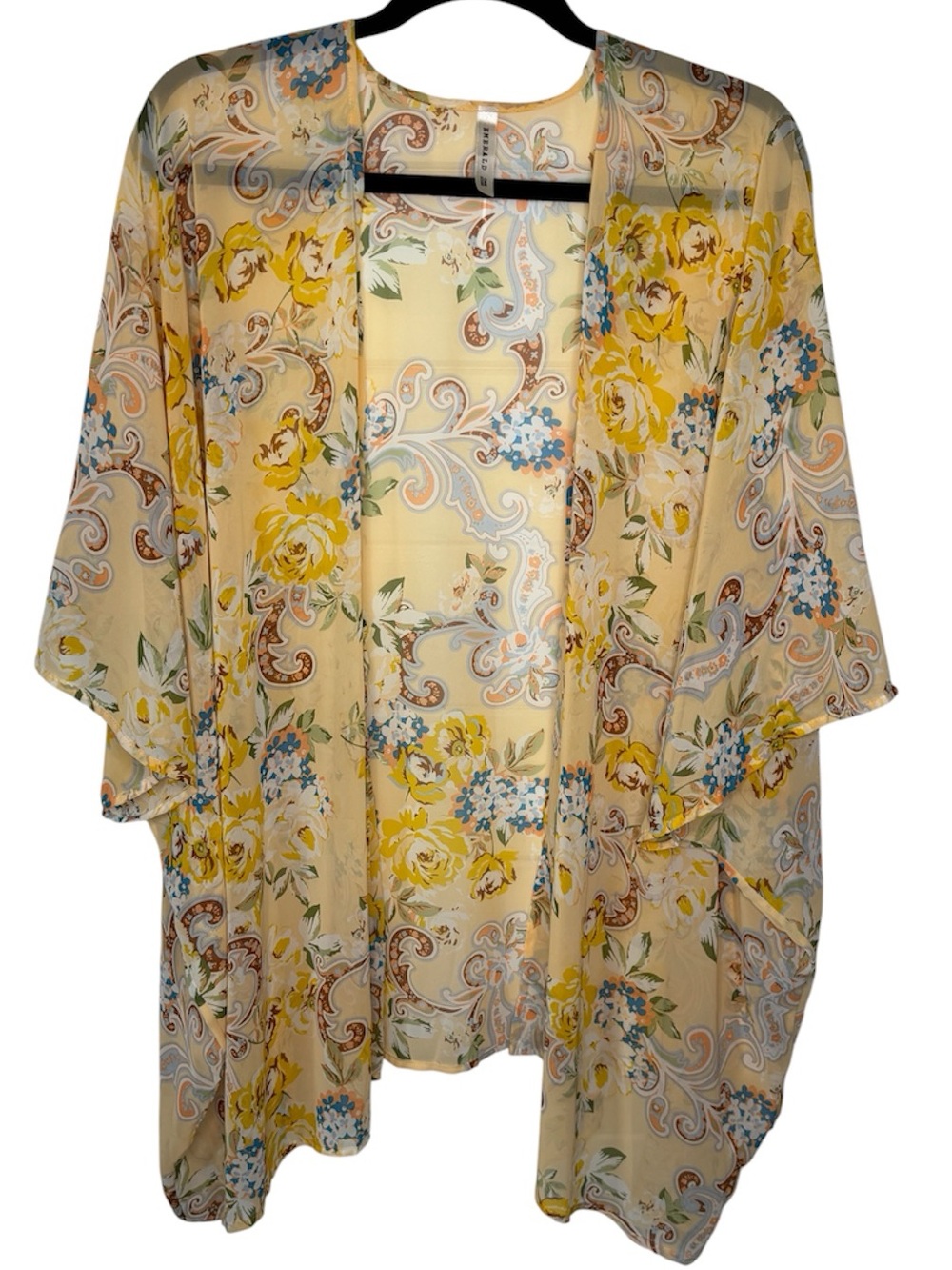 Emerald Yellow Floral Paisley Open Front Sheer Kimono Cover-Up Lightweight OS